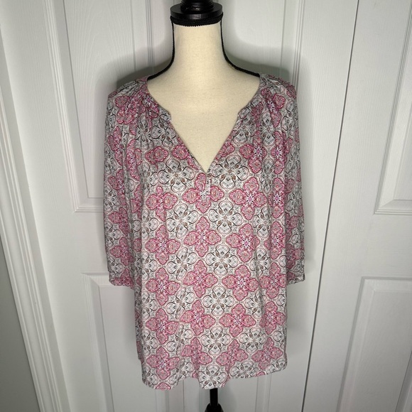 JNY Pink, black, 3/4 sleeve summer Women Flowy peasant Top plus size 1X rayon - Picture 1 of 6
